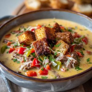 Creamy Philly cheesesteak soup topped with melted provolone, sautéed peppers, and thinly sliced beef in a rustic bowl.