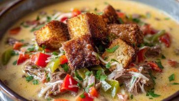 Creamy Philly cheesesteak soup topped with melted provolone, sautéed peppers, and thinly sliced beef in a rustic bowl.