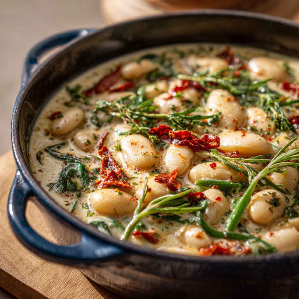 Creamy Tuscan butter beans in a skillet with sun-dried tomatoes, spinach, and fresh herbs.