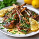 Seared lamb chops glazed with lemon garlic butter, garnished with fresh herbs and served on a rustic plate.
