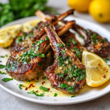 Seared lamb chops glazed with lemon garlic butter, garnished with fresh herbs and served on a rustic plate.