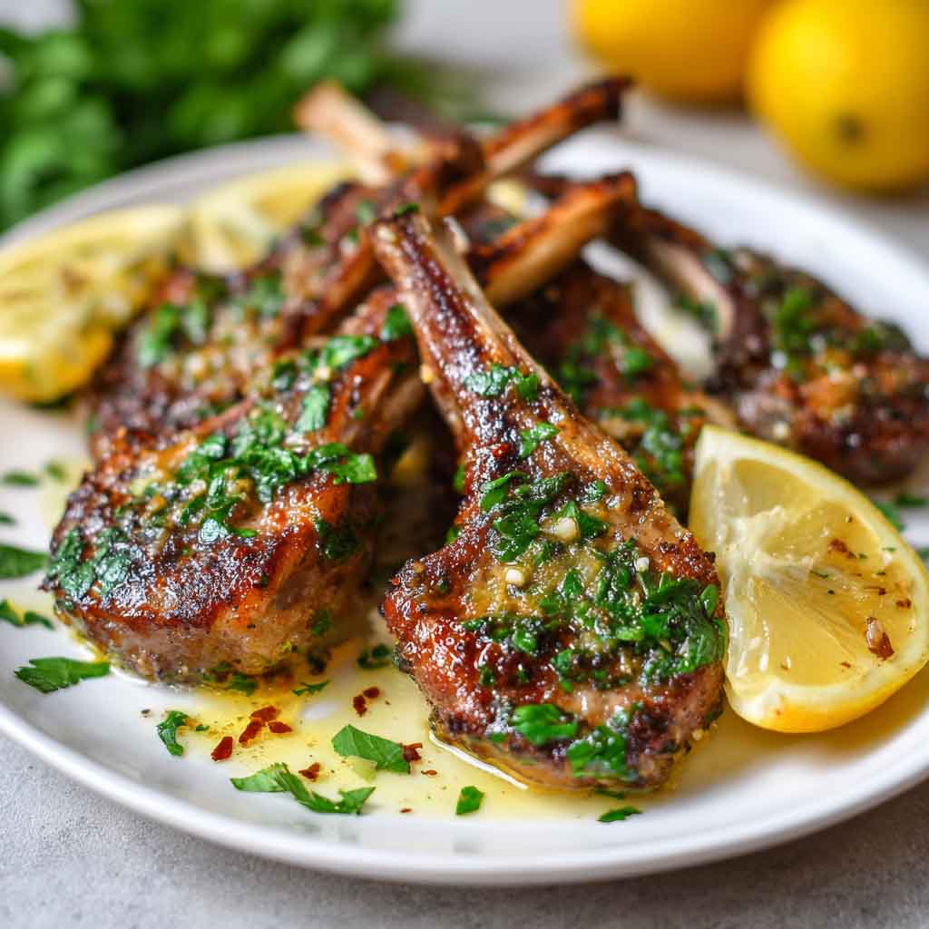 Seared lamb chops glazed with lemon garlic butter, garnished with fresh herbs and served on a rustic plate.