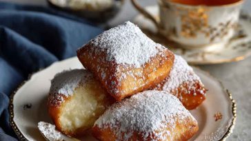 Golden vanilla French beignets dusted with powdered sugar, served on a white plate with a side of vanilla dipping sauce.