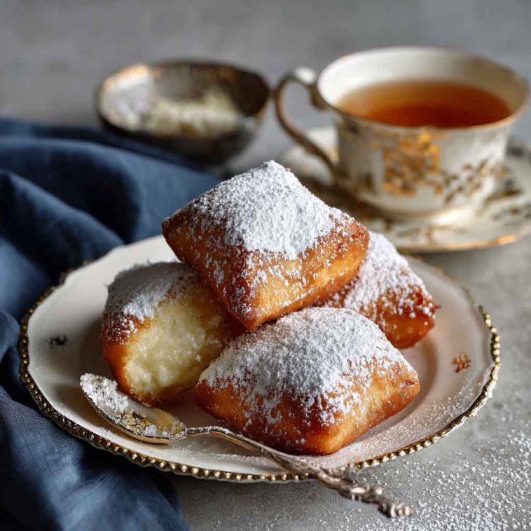 Golden vanilla French beignets dusted with powdered sugar, served on a white plate with a side of vanilla dipping sauce.