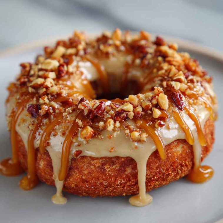 Maple-glazed donuts stacked on a cooling rack with drips of glaze and a sprinkle of cinnamon.