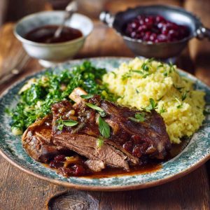 A beautifully plated roast of Mary Berry’s Rugby Lamb, sliced and served with golden potatoes, fresh herbs, and a rich gravy.