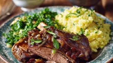 A beautifully plated roast of Mary Berry’s Rugby Lamb, sliced and served with golden potatoes, fresh herbs, and a rich gravy.