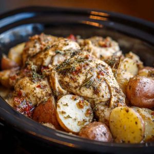 Tender chicken breasts and golden potatoes slow-cooked in a creamy garlic parmesan sauce, garnished with fresh parsley.