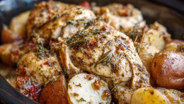 Tender chicken breasts and golden potatoes slow-cooked in a creamy garlic parmesan sauce, garnished with fresh parsley.