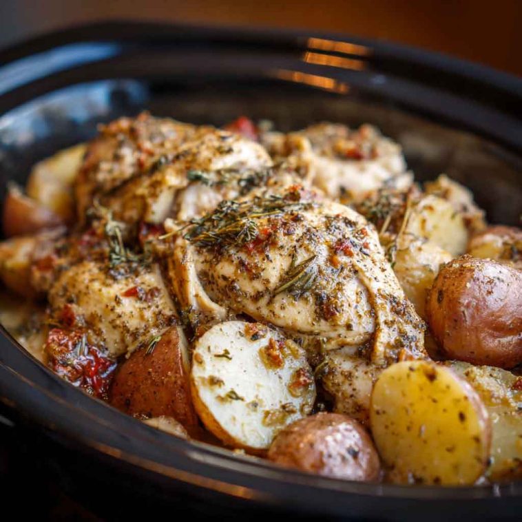 Tender chicken breasts and golden potatoes slow-cooked in a creamy garlic parmesan sauce, garnished with fresh parsley.