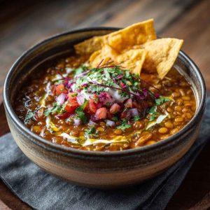 Bowl of decadent lentil tortilla soup topped with crispy tortilla strips, avocado slices, fresh cilantro, and a swirl of sour cream.