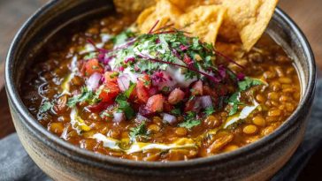 Bowl of decadent lentil tortilla soup topped with crispy tortilla strips, avocado slices, fresh cilantro, and a swirl of sour cream.