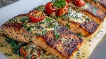 Pan-seared salmon fillets topped with creamy garlic sauce, garnished with fresh herbs and served with lemon wedges on a white plate.