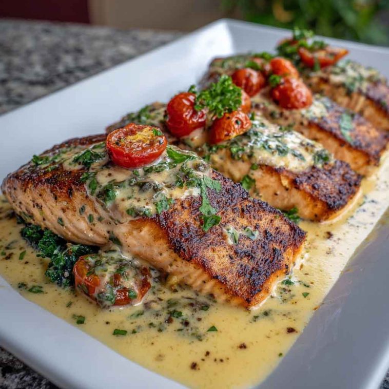 Pan-seared salmon fillets topped with creamy garlic sauce, garnished with fresh herbs and served with lemon wedges on a white plate.