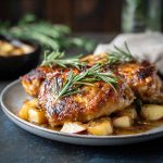 Golden-seared chicken thighs simmered in a rosemary apple cider glaze, served in a skillet with apple slices and fresh herbs.