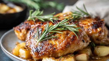 Golden-seared chicken thighs simmered in a rosemary apple cider glaze, served in a skillet with apple slices and fresh herbs.