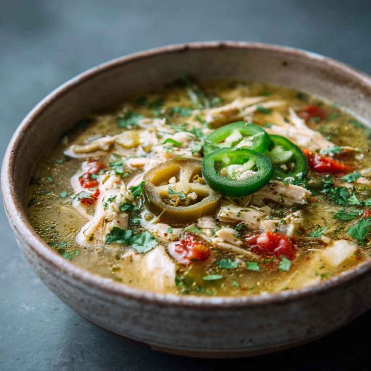 Green enchilada chicken soup served in a bowl with shredded chicken, green chilies, corn, and creamy broth, topped with cilantro, avocado slices, and shredded cheese.