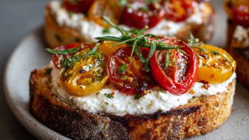 A slice of toasted sourdough topped with whipped ricotta, heirloom tomato slices, fresh basil, and a drizzle of olive oil.