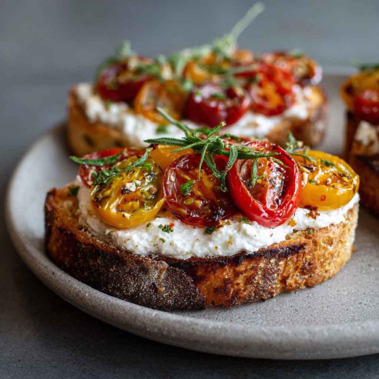 A slice of toasted sourdough topped with whipped ricotta, heirloom tomato slices, fresh basil, and a drizzle of olive oil.