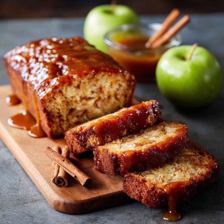 A golden-brown apple butter loaf sliced to reveal a moist, spiced interior, topped with a drizzle of glaze and a sprinkle of cinnamon.