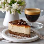 Rich espresso cheesecake topped with a creamy garlic parmesan glaze, garnished with shaved chocolate and herbs on a rustic plate.