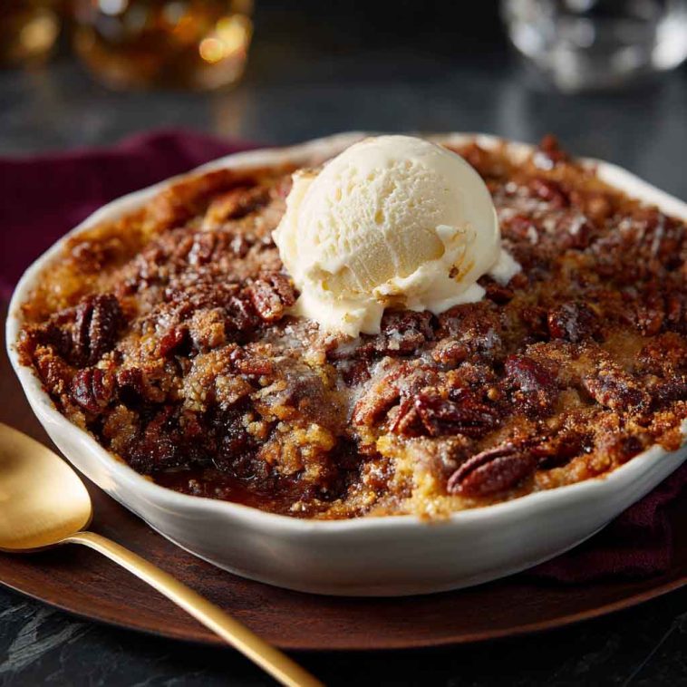 A golden-brown pecan pie dump cake fresh from the oven, topped with crunchy pecans and gooey caramel filling, served in a rustic baking dish with a scoop of vanilla ice cream.