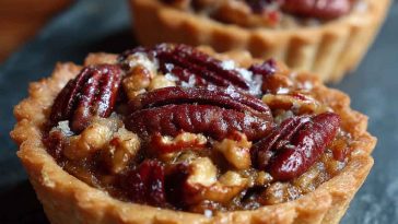 Golden mini pecan pies with glossy caramelized tops, served on a festive platter with whole pecans and whipped cream.