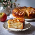 Thinly sliced apples layered into a golden, custard-like cake with a delicate crust and dusting of powdered sugar.