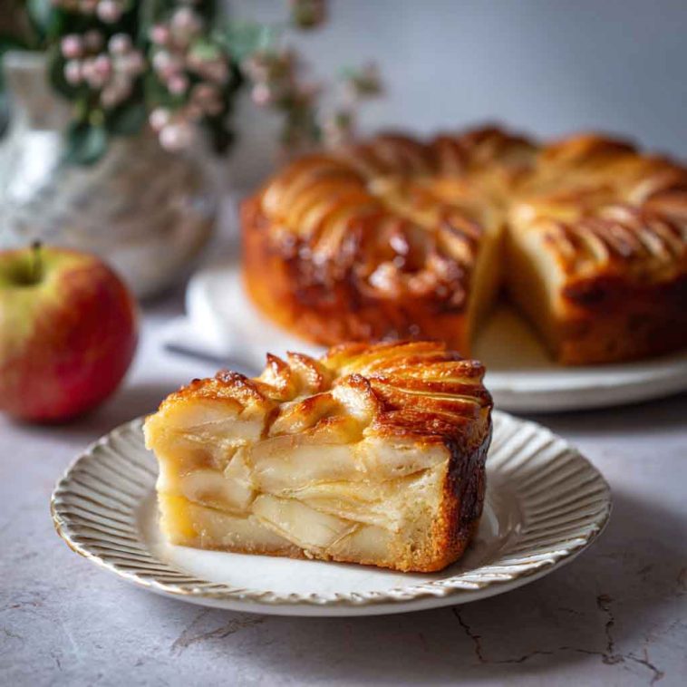 Thinly sliced apples layered into a golden, custard-like cake with a delicate crust and dusting of powdered sugar.