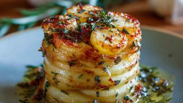 Thinly sliced potatoes stacked in muffin tins, golden and crispy on the edges, infused with garlic butter and fresh herbs.