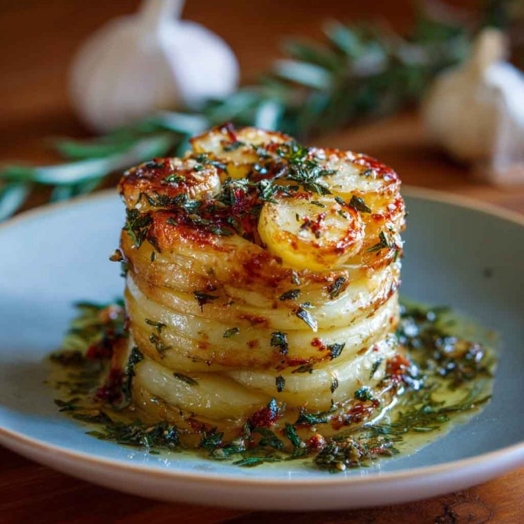 Thinly sliced potatoes stacked in muffin tins, golden and crispy on the edges, infused with garlic butter and fresh herbs.