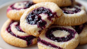 Blueberry cheesecake swirl cookies with marbled blueberry and cream cheese ribbons on a cooling rack.