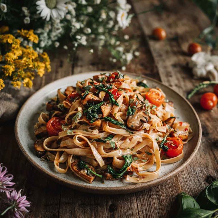 A colorful bowl of vegan pasta tossed with roasted vegetables, fresh herbs, and a creamy dairy-free sauce.