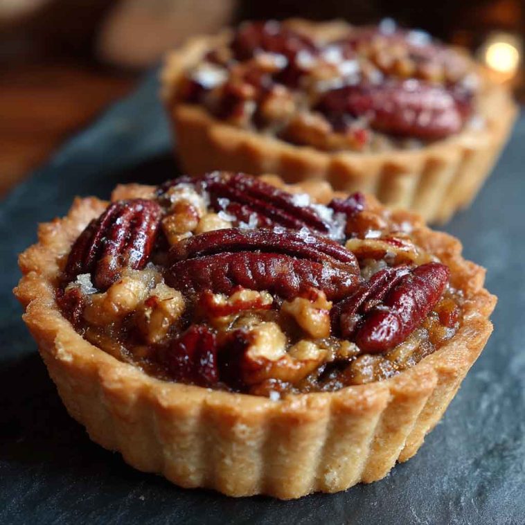 Golden mini pecan pies with glossy caramelized tops, served on a festive platter with whole pecans and whipped cream.