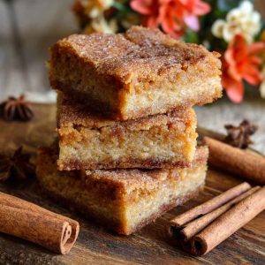 A batch of cinnamon sugar blondies cut into squares, with golden edges and a crackly cinnamon topping, served on a rustic tray.