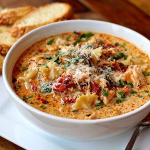 Creamy chicken parmesan soup in a bowl topped with melted cheese, herbs, and shredded chicken.