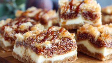 Fig and cream cheese dessert bars sliced on a tray with visible layers of fig jam and creamy filling.