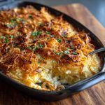 Golden, cheesy French onion funeral potatoes baked in a casserole dish, topped with crispy onions and fresh herbs.