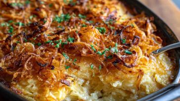 Golden, cheesy French onion funeral potatoes baked in a casserole dish, topped with crispy onions and fresh herbs.
