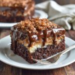 Rich German chocolate poke cake with gooey coconut-pecan filling seeping into moist chocolate layers, topped with whipped topping and toasted pecans.