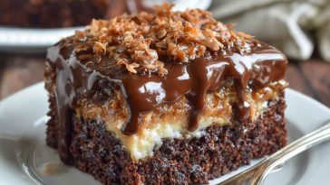 Rich German chocolate poke cake with gooey coconut-pecan filling seeping into moist chocolate layers, topped with whipped topping and toasted pecans.