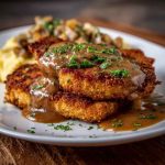 Golden, crispy country fried pork chops smothered in creamy gravy, served with mashed potatoes and green beans on a rustic plate.