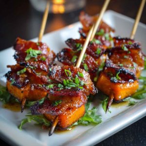 Skewers of caramelized sweet potato cubes wrapped in crispy bacon, glazed with maple syrup and sprinkled with fresh herbs, served on a rustic platter.
