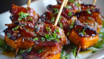 Skewers of caramelized sweet potato cubes wrapped in crispy bacon, glazed with maple syrup and sprinkled with fresh herbs, served on a rustic platter.