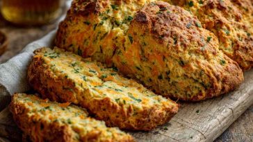 Golden cheddar and herb soda bread loaf sliced on a wooden board with fresh herbs and butter.