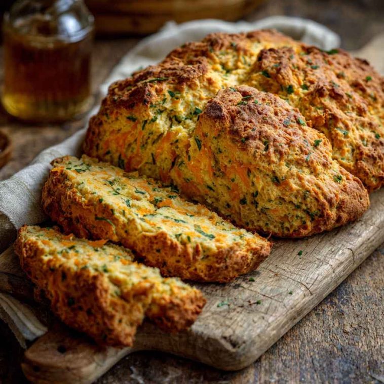 Golden cheddar and herb soda bread loaf sliced on a wooden board with fresh herbs and butter.