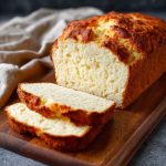 A loaf of zero carb yogurt bread sliced on a wooden board, showing its fluffy texture and golden crust.