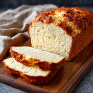 A loaf of zero carb yogurt bread sliced on a wooden board, showing its fluffy texture and golden crust.