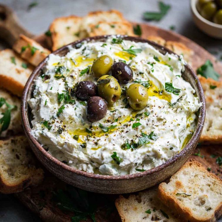 A bowl of creamy feta and green olive dip topped with chopped herbs and olive oil, surrounded by pita chips and fresh veggies.
