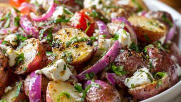 Balsamic potato salad with cherry tomatoes, red onion, and herbs in a white serving bowl.